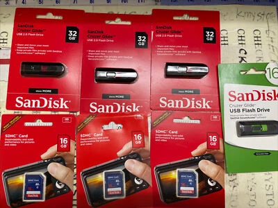 7 X Mix SanDisk Cruzer Glide USB 2.0 Flash Drive 32 GB & SDHC Card 16 GB - Image 1 of 4