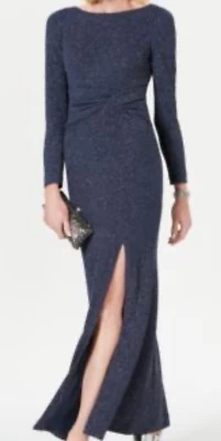 VINCE COMUTO Steel Blue Glitter Long Sleeve Side Slit Evening Gown Dress Size 12 - Image 1 of 4