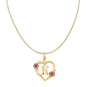 Genuine 14k Two-tone Gold 0.66" Floral Heart Initial K Pendant Necklace 16"-22" - Picture 1 of 8