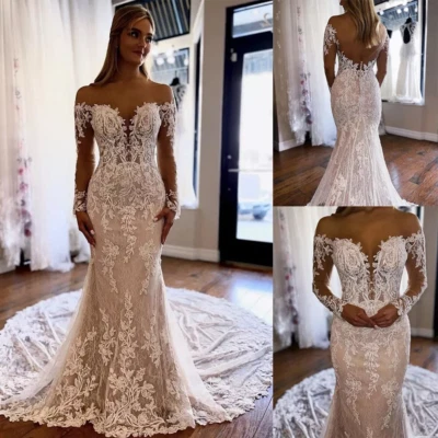 Long Sleeve Mermaid Wedding Dresses Lace Appliques Court Train Boho Bridal Gowns - Image 1 of 4