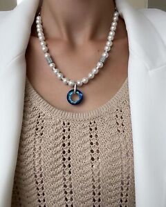 Natural Pearl 2in1 Necklace Set Premium CRYSTAL Ring Earrings White Bermuda Blue
