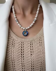 Natural Pearl 2in1 Necklace Set Premium CRYSTAL Ring Earrings White Bermuda Blue - Picture 1 of 13
