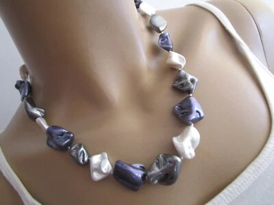 Damen Hals Kette Collier kurz Muschelkern Barock Perlen Silber Weiss Grau Lila ! - Bild 1 von 4