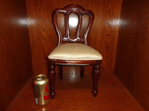 Vintage Mahogany Frame Miniature Side Chair w Ivory Damask Upholstery, Doll Cover