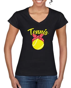 Tennis Mom süßes Schleifenband Tennisball Damen Standard V-Ausschnitt T-Shirt - Bild 1 von 6