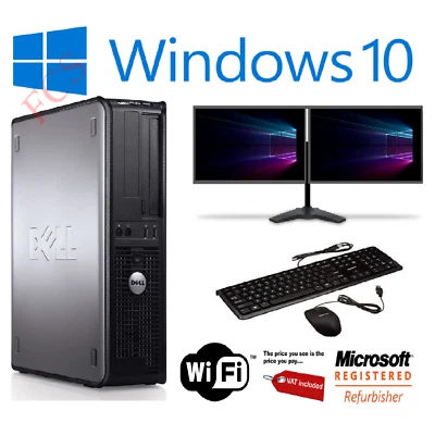 FAST DELL DUAL SCREEN PC COMPUTER DESKTOP TOWER WINDOWS 10 8GB RAM 1TB HDD - Image 1 of 4