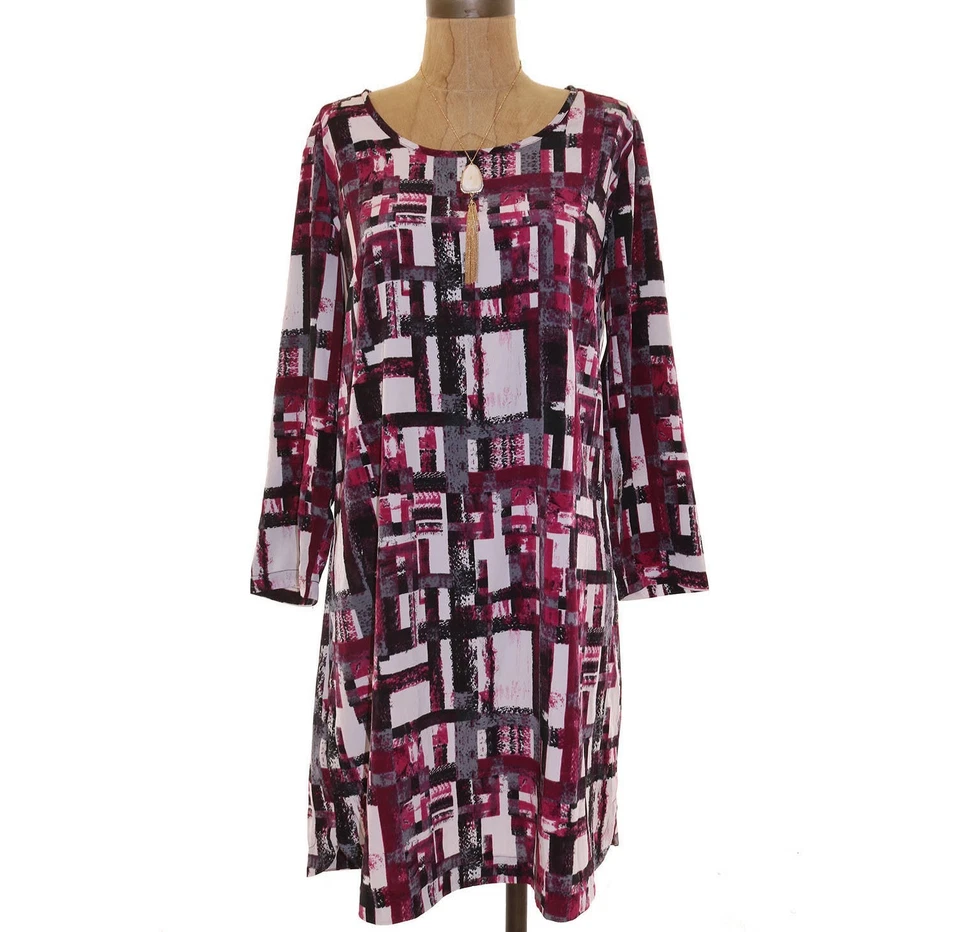 Vestido Gibson Nordstrom Shift Talla M Manga 3/4 Geométrico Púrpura Multi Usado en Excelente Condición B74 Foto 1 de 3