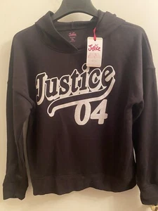 NWT…JUSTICE BLACK W/GLITTER WHITE LETTERS .HOODED SWEATSHIRT , GIRLS XL.16/18 - Picture 1 of 4