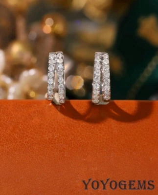 Moissanite Huggie Hoop Earrings Solid 14K White Gold Excellent Round Cut 2 Carat - Image 1 of 4