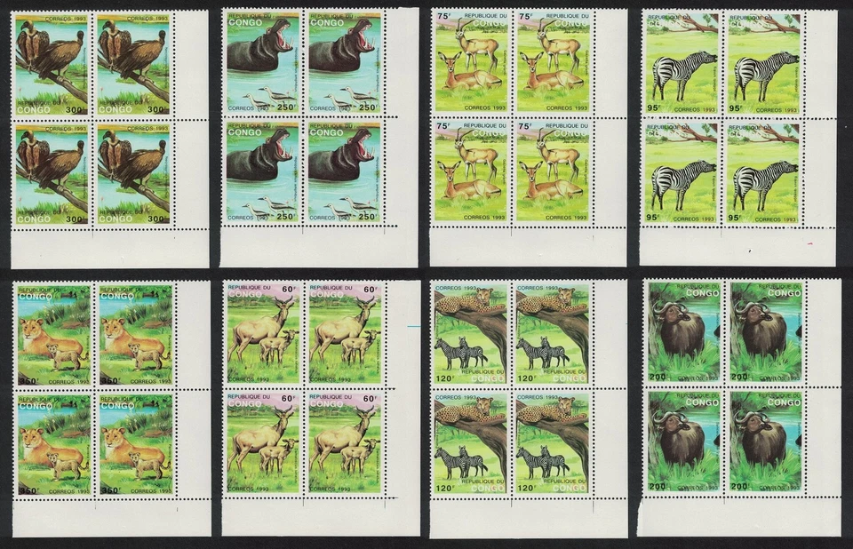 Birds Hippo Zebra Cheetah Wild Animals 8v Corner Blocks of 4 Congo 1993 MNH - Image 1 of 1
