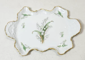 Antiguo plato de baratija Limoges Francia lirio del valle flor dorada - Imagen 1 de 10