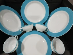 8 Pyrex Leche Vidrio Turquesa Banda Plato de Cena Taza de Té Aqua MCM 4 Platos 4 Tazas - Imagen 1 de 18