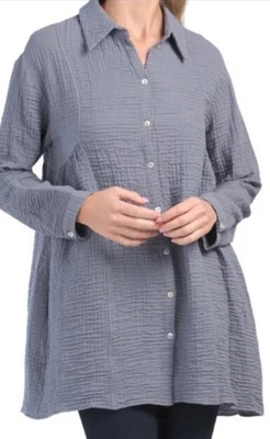 Zara Women’s Size Small Crinkled Cotton Shirt Oversized Lagenlook Blue Buttons - Image 1 of 4