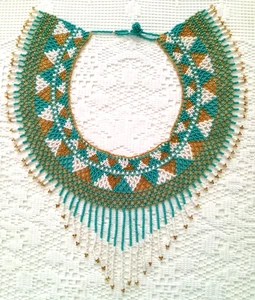VTG Hand Crafted TURQUOISE White GOLD Woven SEED BEAD Collar Necklace FAST SHIP - Picture 1 of 14