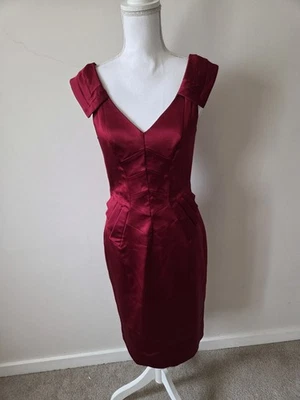 Karen Millen England Red Silk Feel Dress Fitted Size 14 Women's  Party Cocktail  - Image 1 of 4