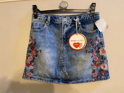 MONDAY PREMIUM LADIES BLUE DENIM EMBROIDERED MINI SKIRT SIZE SMALL, 8-10 UK - Image 1 of 2