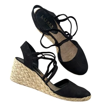 Lauren Ralph Lauren Mujer 8.5 Cuero Negro Correa Celena Alpargata Cuñas Tacón Foto 1 de 4