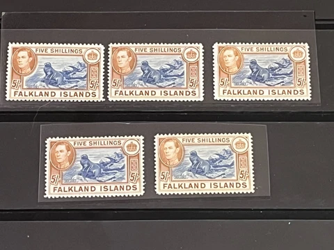 FALKLAND ISLANDS - 1938 GV1 5/ - (Lot of five) UNCHECKED SHADE/PERF - MNH &MH Cover