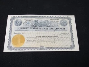 Certificado de acciones de Sunlight Mining & Smelting Company de 1900 Oakland CA sin emitir - Imagen 1 de 3