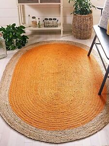 Oval Jute Rug Handmade Area Rug Rustic Look Jute Floor Orange + Beige Carpet