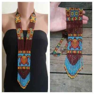 Handmade Necklace Seed Bead Boho American Style Nativ Beaded Multi Strand - Picture 1 of 2