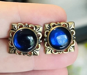 Vintage Blue Stone Goldtone Cufflinks Bold Chunky Ornate Square - Picture 1 of 4