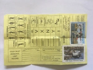 1987 Federal Duck Stamp & 1987 Alaska Waterfowl Stamp on Alaska Hunting License - Picture 1 of 8