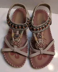 Beaded Boho Sandals with Elastic Ankle Strap Size 7 - Picture 1 of 3