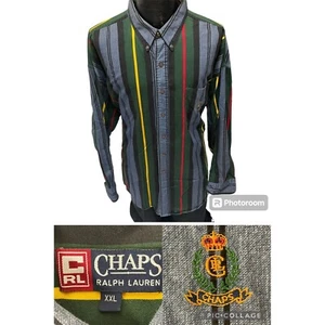 Vtg 80’s Chaps Ralph Lauren Men's Blue Green STRIPE LOGO Streetwear Shirt XXL - Picture 1 of 10