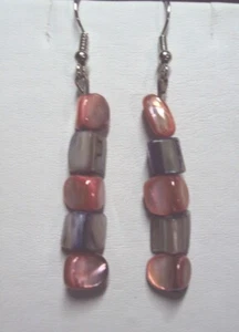dainty coral pink + purple abalone sea shell chip + silver tone dangle earrings - Picture 1 of 3