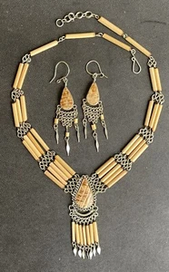 Juego de Pendientes Collar Peruano Aragonita Piedra Semipreciosa Bambú Hecho a Mano - Imagen 1 de 8