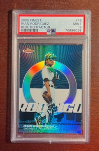 2005 Topps Finest Ivan Rodriguez Blue🧢REFRACTOR🌈PSA 9🚨MINT💎Rare🎯/299 POP 1