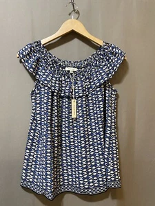 NWT Max Studio Women Cap Sleeve Braided Ruffle Trim Neck Top Size XS Blue/Black - Picture 1 of 11
