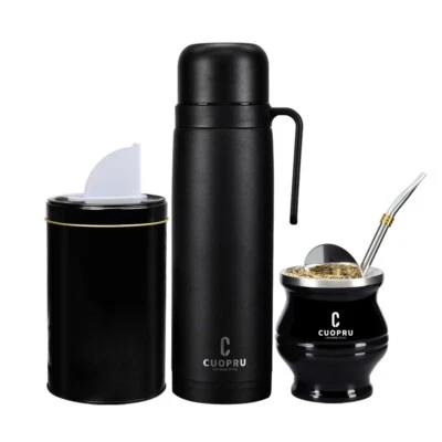 Matte Black Yerba Mate Kits 7 In 1, Thermoses, Container, Tin, Cup and Straw Set - Image 1 of 4