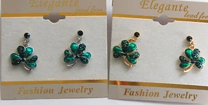 St. Patrick's Day Green Shamrock Dangling Earrings w Crystals / Gold or Silver - Picture 1 of 3