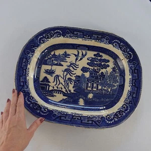 Antique English Blue Willow Staffordshire 19thC Platter Blue & White Stone China - Picture 1 of 4
