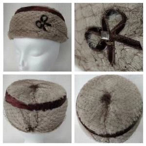 Vintage Tan Fur Pillbox Hat with Brown Satin Trim and Netting - Picture 1 of 10