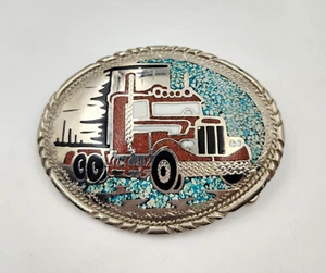 Southwestern Silver Belt Buckle Turquoise Inlay Semi Truck - Picture 1 of 3