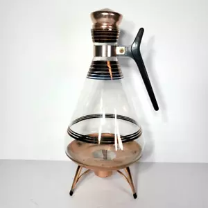 Vintage Inland Glass Carafe Coffee Pot w/ Cork Lid & warmer Copper Stripes 1960s - Picture 1 of 14