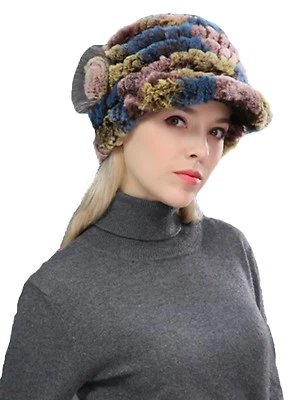 Sombreros de piel de invierno para mujer Rex real piel de conejo pico gorra rosa hecha a mano esponjosa suave Foto 1 de 4