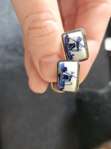 Vintage Sterling Silver Delft Windmill Blue Cuff Links Jewelry  - Picture 1 of 3