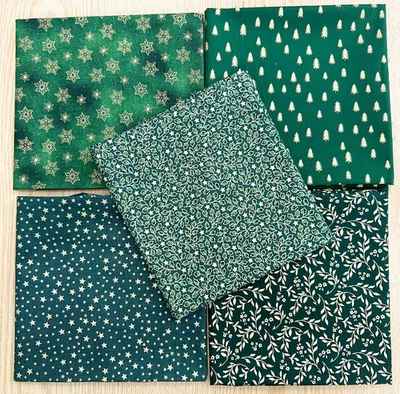 Fat Quarter Bundle - Christmas Green Metallic Gold Silver Snowflake Trees Fabric - Image 1 of 4
