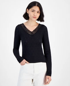 Sugar Moon Juniors Lace Trim V Neck Pointelle Knit Top in Black Size M - Picture 1 of 1