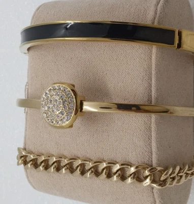 Lote de 3 Brazaletes ANNE KLEIN Logo León Esmalte Negro Estrás Cadena Tono Dorado Foto 1 de 4