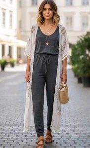 Free People Strand Overall Gr. M grau ärmellos Strick Kordelzug Taille Taschen - Bild 1 von 9