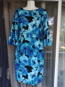 Calvin Klein Dress Womens 4 Blue Floral 3/4 Sleeve Sheath Bell Flutter Sleeve - Picture 1 of 16