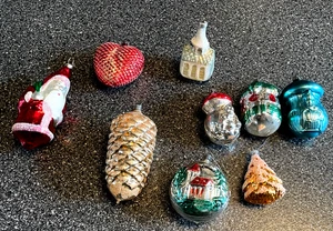 9 ORNAMENTI vintage in vetro per albero di Natale, Polonia, W. Germania - Foto 1 di 7