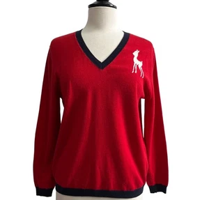 Ines de la Fressange Paris SMALL VNeck Red Blue Leon Logo Deer Merino Sweater - Bild 1 von 14