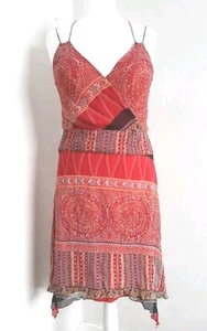 Warehouse Vintage 100 % Seide Boho Kleid fließend Träger rot bunt Y2K Taschensaum 14 - Bild 1 von 7