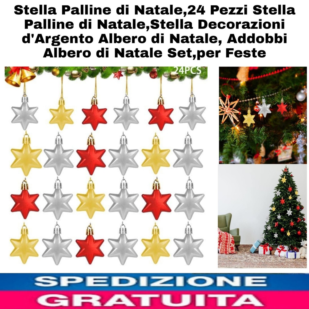 Stella Per Albero Di Natale Glitterata - Decorazione Infrangibile, In Plastica, Altezza 20.3 Cm